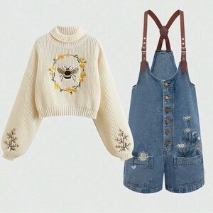 “Ivory Bloom Embroidered Sweater & Denim Overalls” - STYLE B